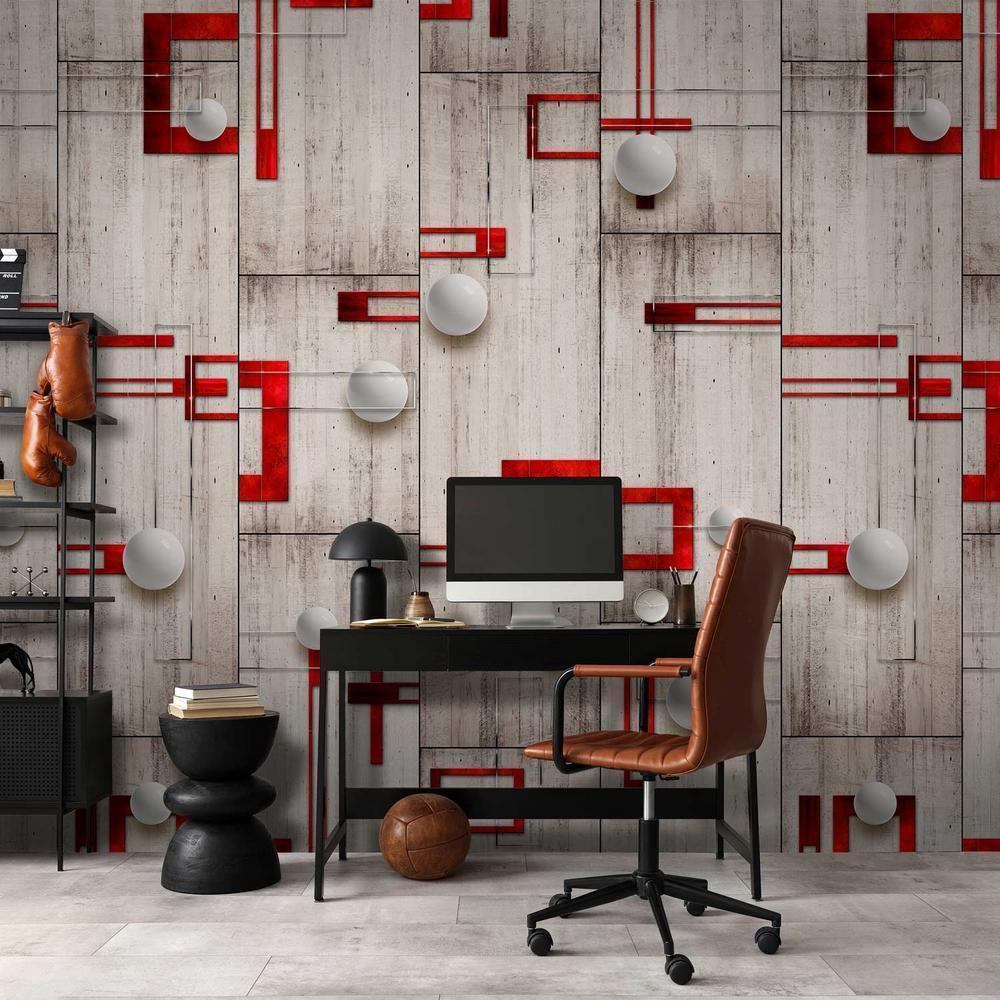 Tapeta - Beton, czerwone ramki i białe kulki